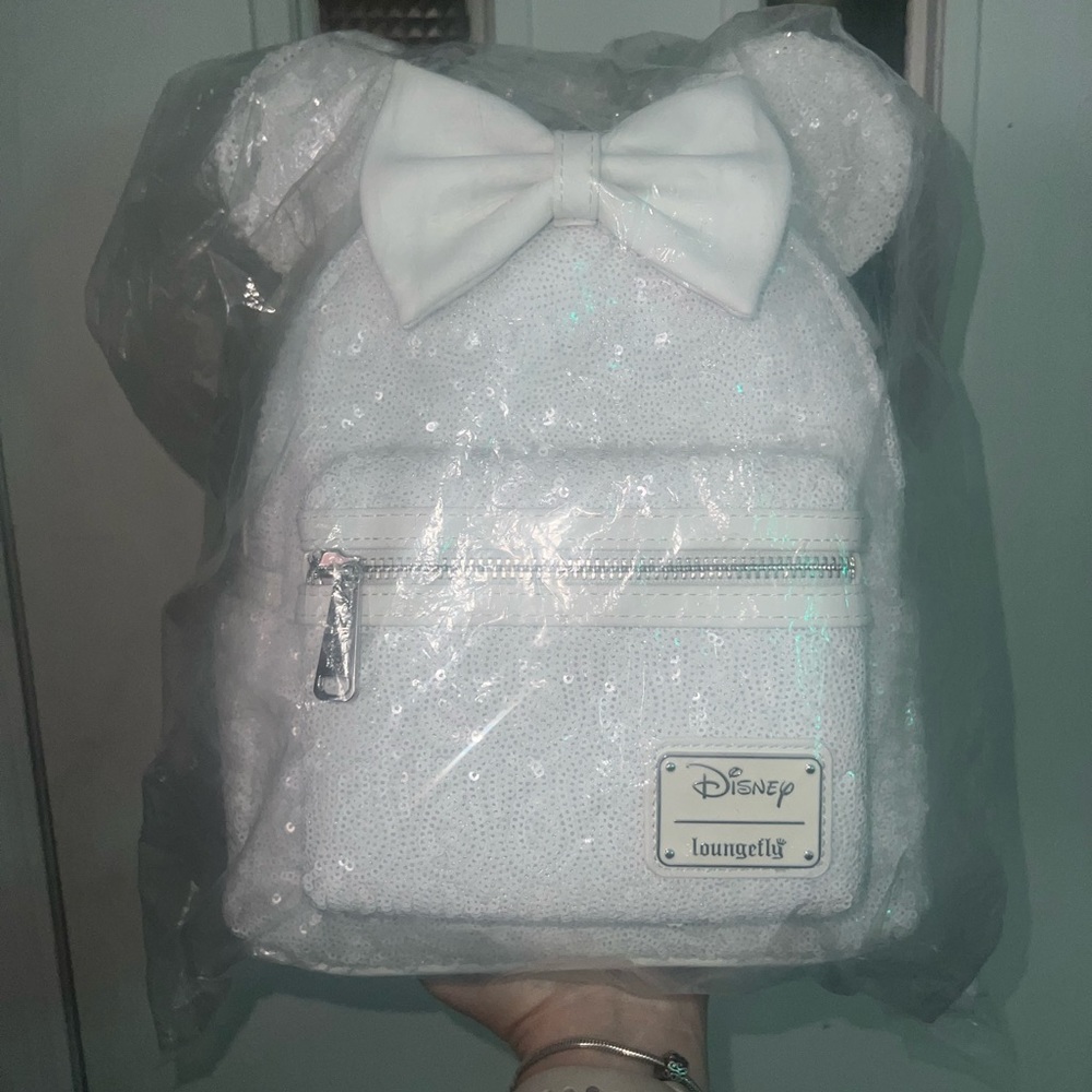 White sequin Minnie/Mickey mouse wedding loungefly backpack